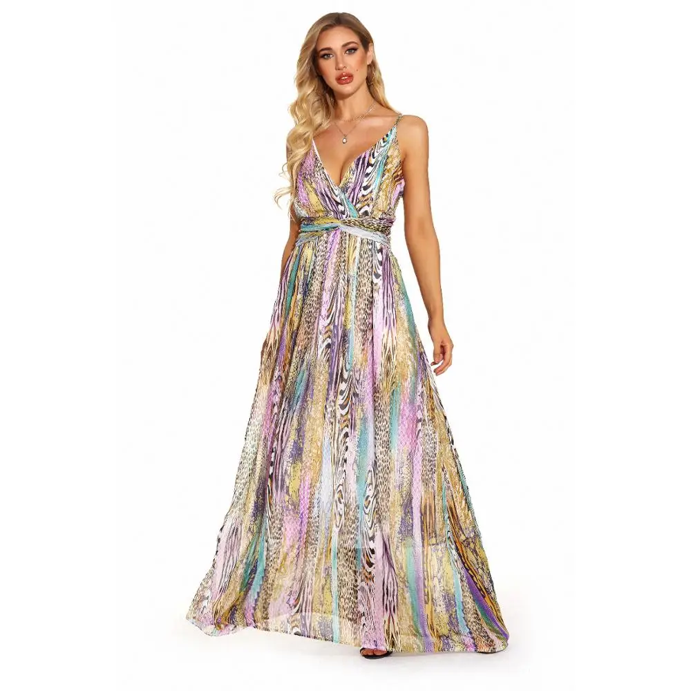 

2020summer sexy lady V-neck strapless dress printed vest beach Chiffon long dresses Western style fashion office women dress X36