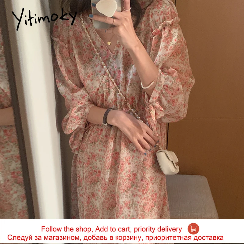 

Yitimoky Vintage Woman Dress Lace Up 2021 Summer Korean New V-Neck Puff Sleeve Floral Printing Simple Out Wear Chiffon Dresses