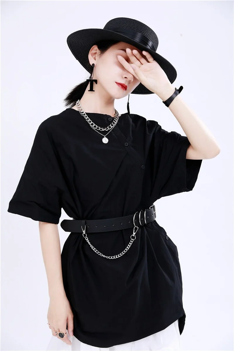 

Fashion Chic Irregular Button Design Blouse Women 2021 Vintage Simple Short Sleeve Femme Blusas O Neck Solid Loose Shirts