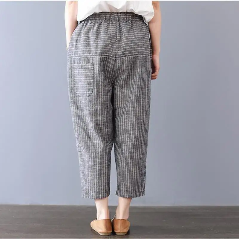 Johnature Ankle-length Pants Leisure Women Clothes New Autumn Harem Pants Loose Elastic Waist Trousers Casual Striped Pants
