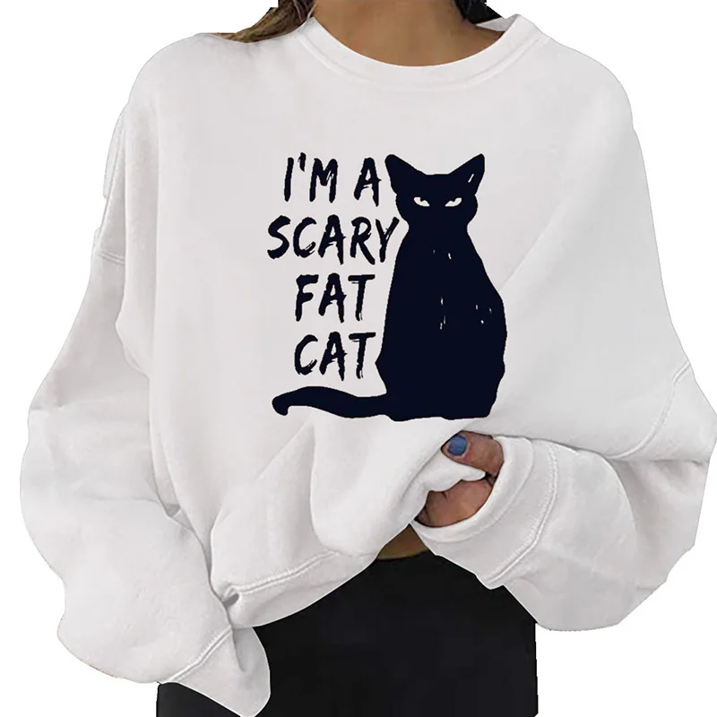 Fall 2021 Women Crewneck Sweatshirt Letter Cat Printed Oversized Hoodie Kawaii Big Size Streetwear Long Sleeve Pullovers White