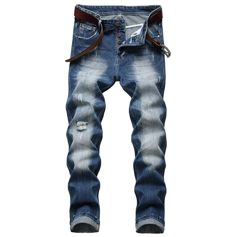 

2021 New Men's Jeans Straight Slim Hole Cotton Jeans Button Open Men's Jeans
