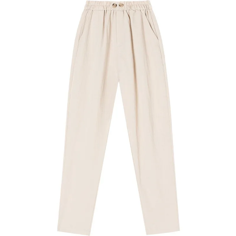 

Women High Waist Black Ankle Length Pants 2021 Spring Summer Plus Size Elastic Waist Cotton Linen Straight Pants