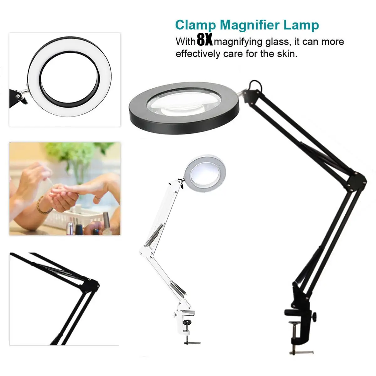 

8X 3 Colors LED Magnifier Foldable Table Clamp Reading Welding 20cm Large Lens Magnifying Glass Top Desk Optical Instruments