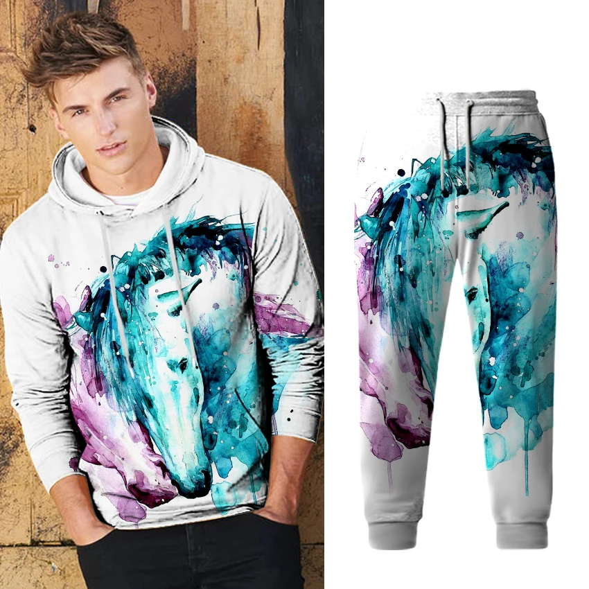 

Спортивная одежда, Мужской пуловер с капюшоном и брюки, костюм для отдыха, спортивная одежда с животными, мужские повседневные мужские топы ...