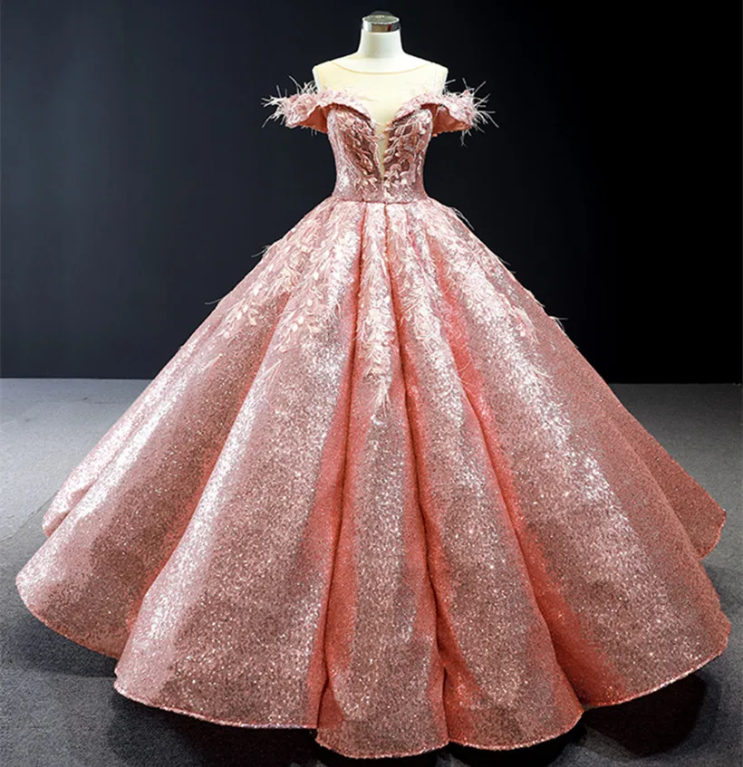 Розовое Пышное Бальное платье из тюля с Блестками Бисером перьями длинное