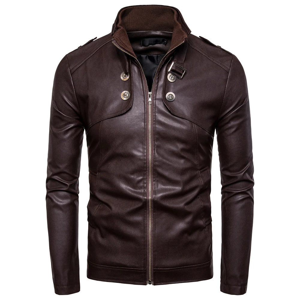 

Men‘s Casual Leather Jackets Coats Autumn Coffee Moto Biker Jacket Man chaqueta motera luxury Button pilot leather jacket male