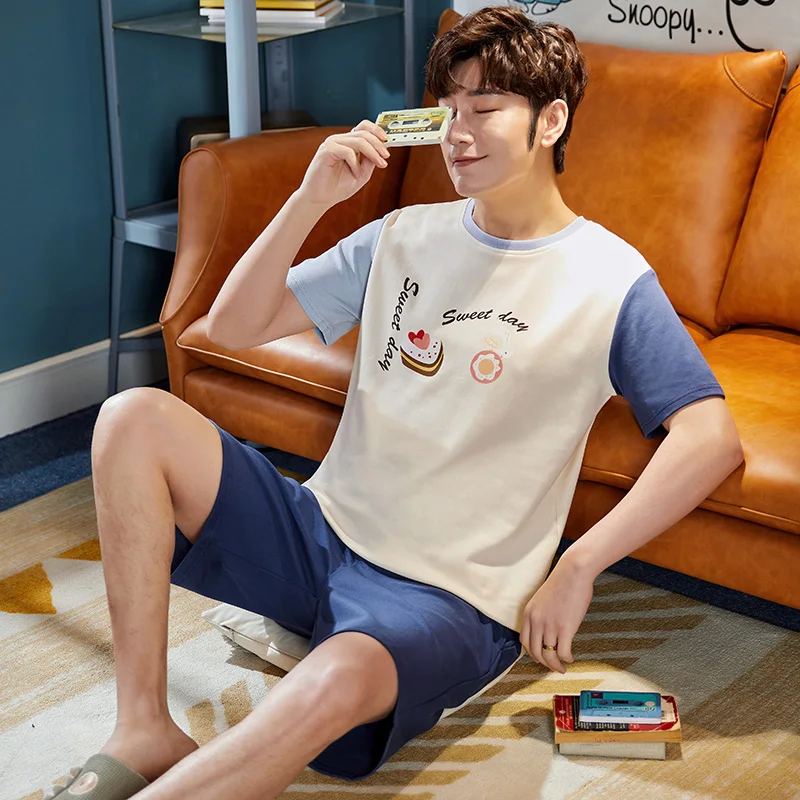 

Lovers Summer Pajamas Couples Cotton Soft Sleepwear Cute Blue Cartoon Printing Women Pajamas Sets Men O-Neck Lounge Homewear