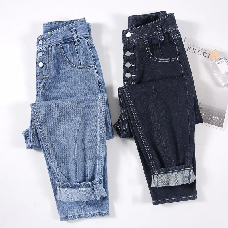 

The spring and autumn period and the new button harlan jeans women's volleyball team high waist fashion show thin loose radish d