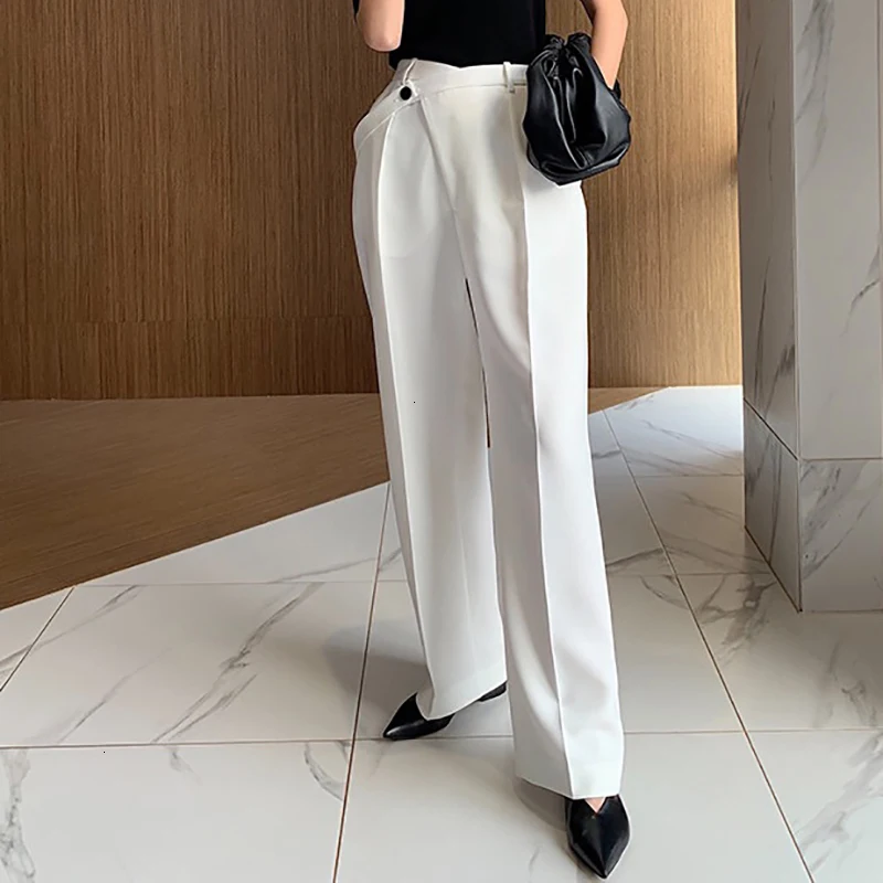 CHICEVER Summer Elegant Solid Women Pant High Waist Irregular Button Fly Pockets Pleated Slim Regular Female Straight Pants