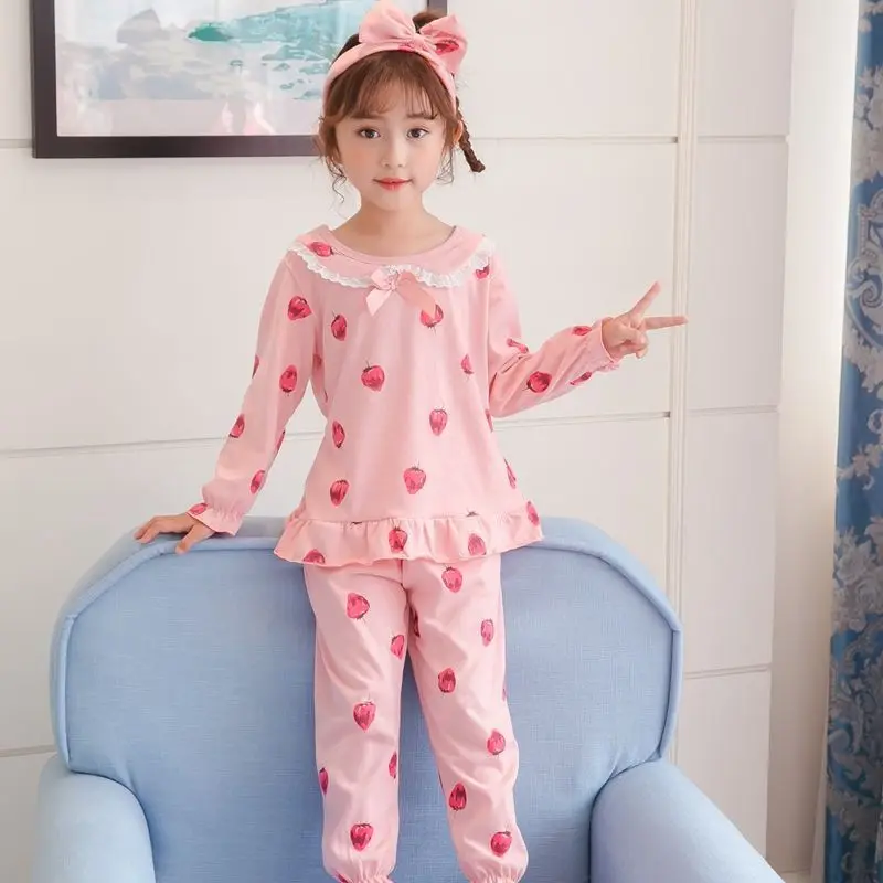 

Teenager Girl Pajamas Sets 2-14 Years Child Homewear Floral Cotton Sleepwear Strawberry Print Cute Shirt Pants Combination Kits