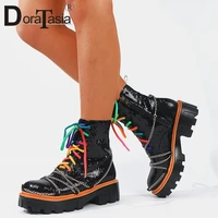 big size 35 43 brand new female platform motorcycle boots bling mixed colors chunky heels ankle boots women casual shoes woman