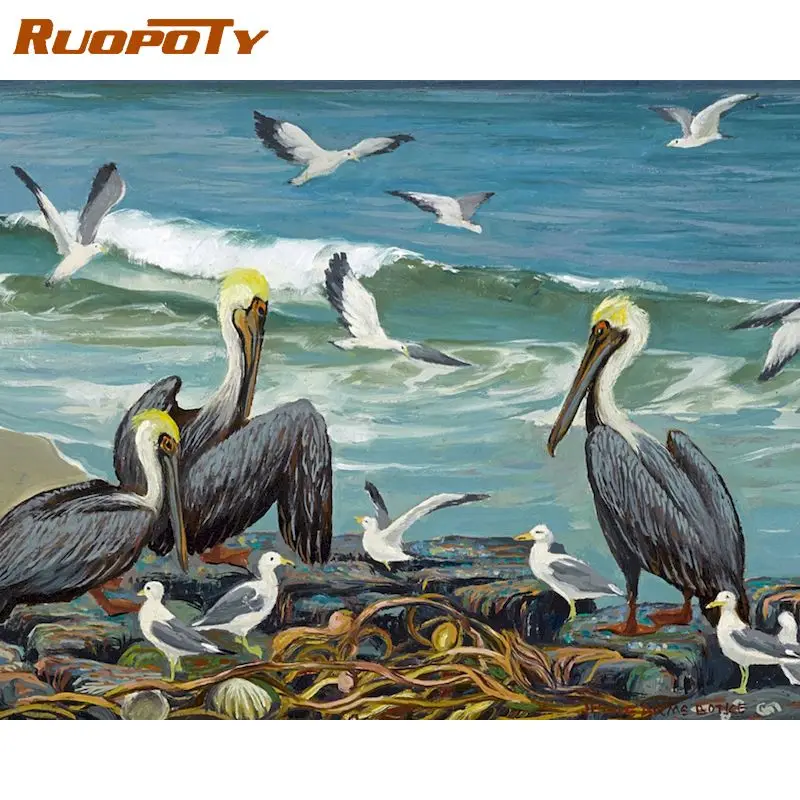 

RUOPOTY 60x75 см рамка для рисования по номерам побережье и птицы краска по номерам для взрослых Акриловая Краска на холсте домашние декорации Artwo