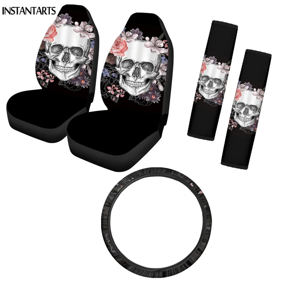 

INSTANTARTS Fashion Rose Sugar Skull Design 5pcs/Set Car Seat Cover Durable Car Steering Wheel Cover Safety Shoulder Strap Pad