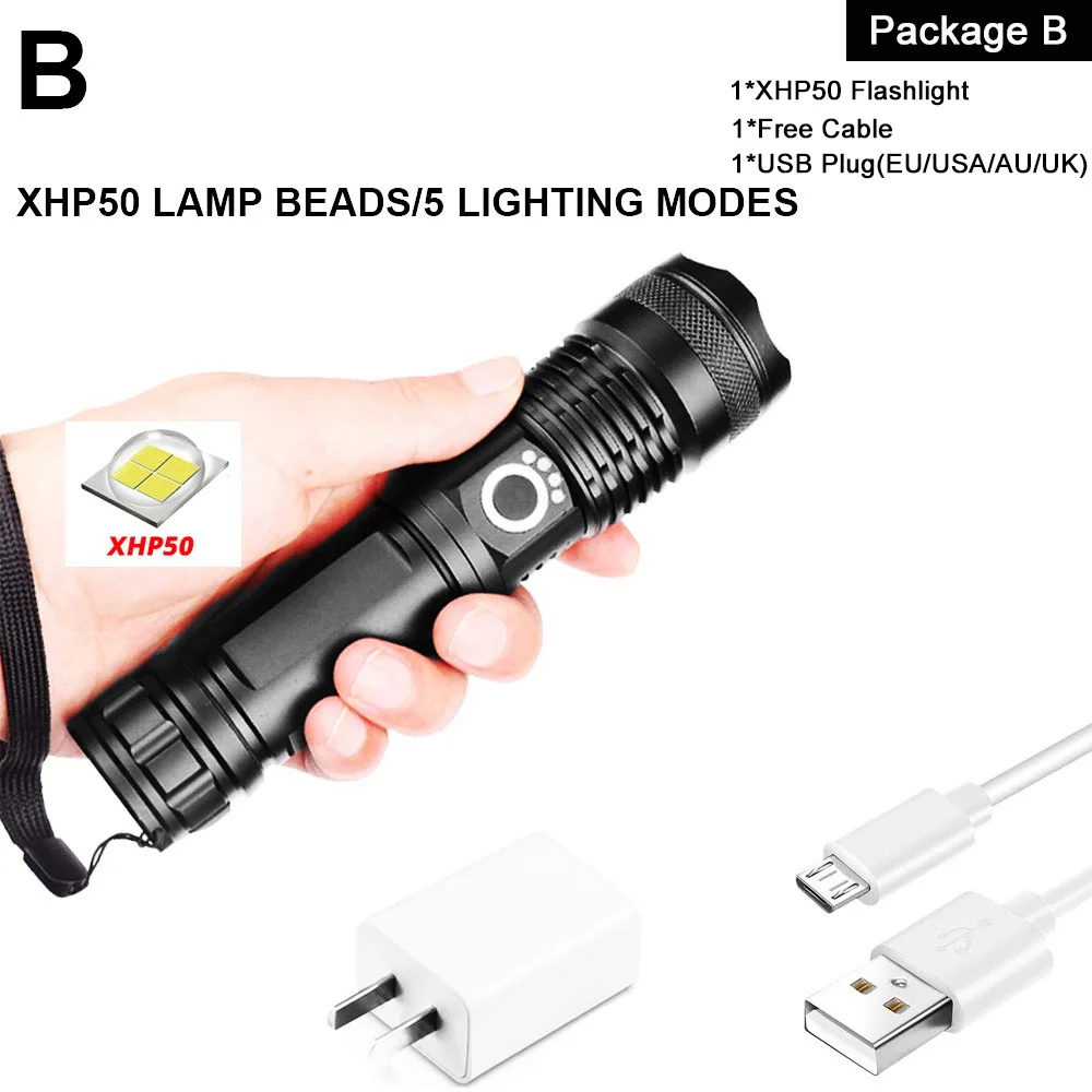 EZK20 дропшиппинг XHP90 светодиодный светильник-вспышка с зумом USB Перезаряжаемый мощный дисплей мощный фонарь 18650 26650 ручной светильник - Испускаемый цвет: Package B-XHP50
