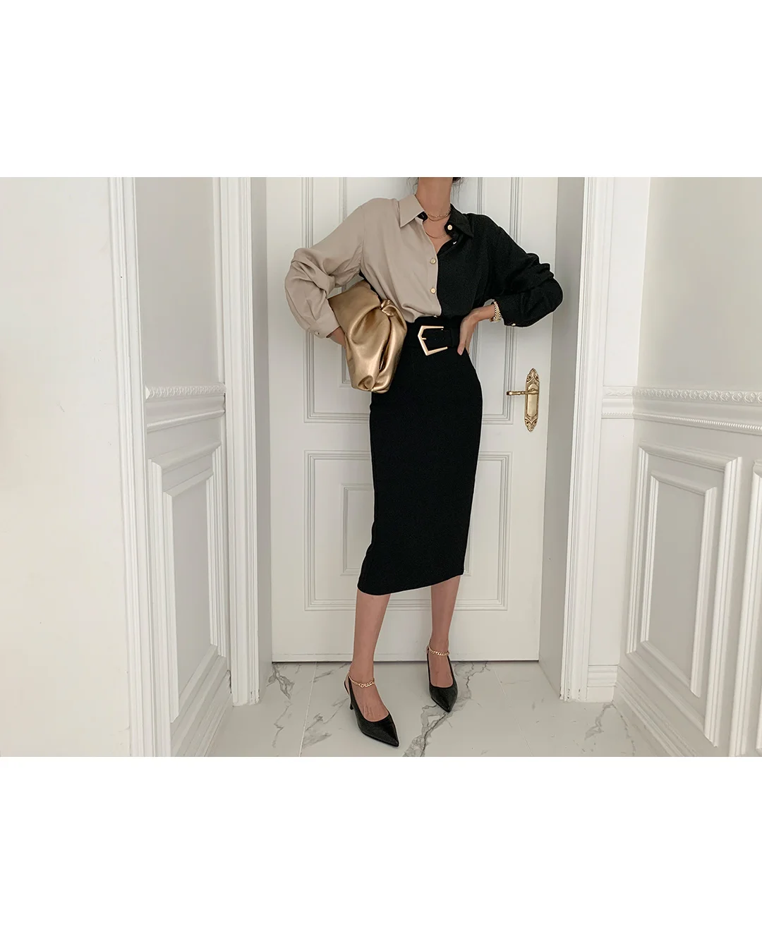 

2021 Spring Retro Lapel Color Contrasting Shirts for Women Chic Single-Breasted Polo Collar Loose Leisure Long Sleeve Blouses