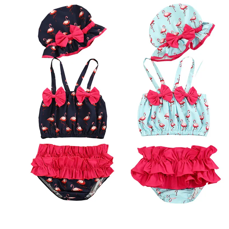 

Baby Girl Cute Flamingo Print Bikini Sets Bow Top Ruffle Briefs Sun Hat 0-24M Toddler Kids Summer Bathing Suit Swimsuit Swimwear