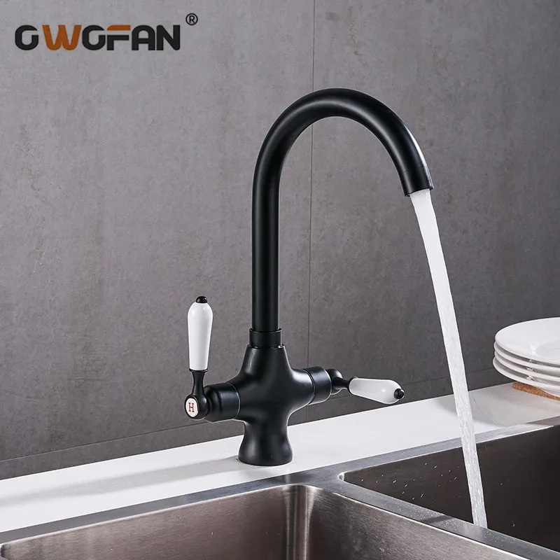 Современный черный Кухня бассейна кран поворотный Керамика с двойной ручкой для