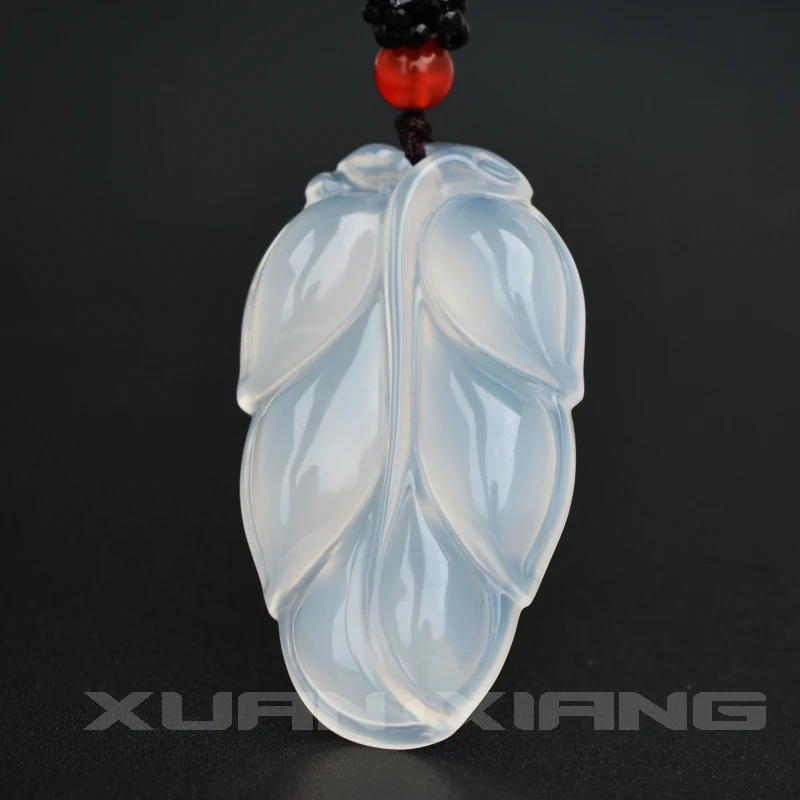 

Women Necklace Pendant Natural White Ice Chalcedony Double-sided Carved Lucky Leaves Pendant for Women's Fine Jewerly