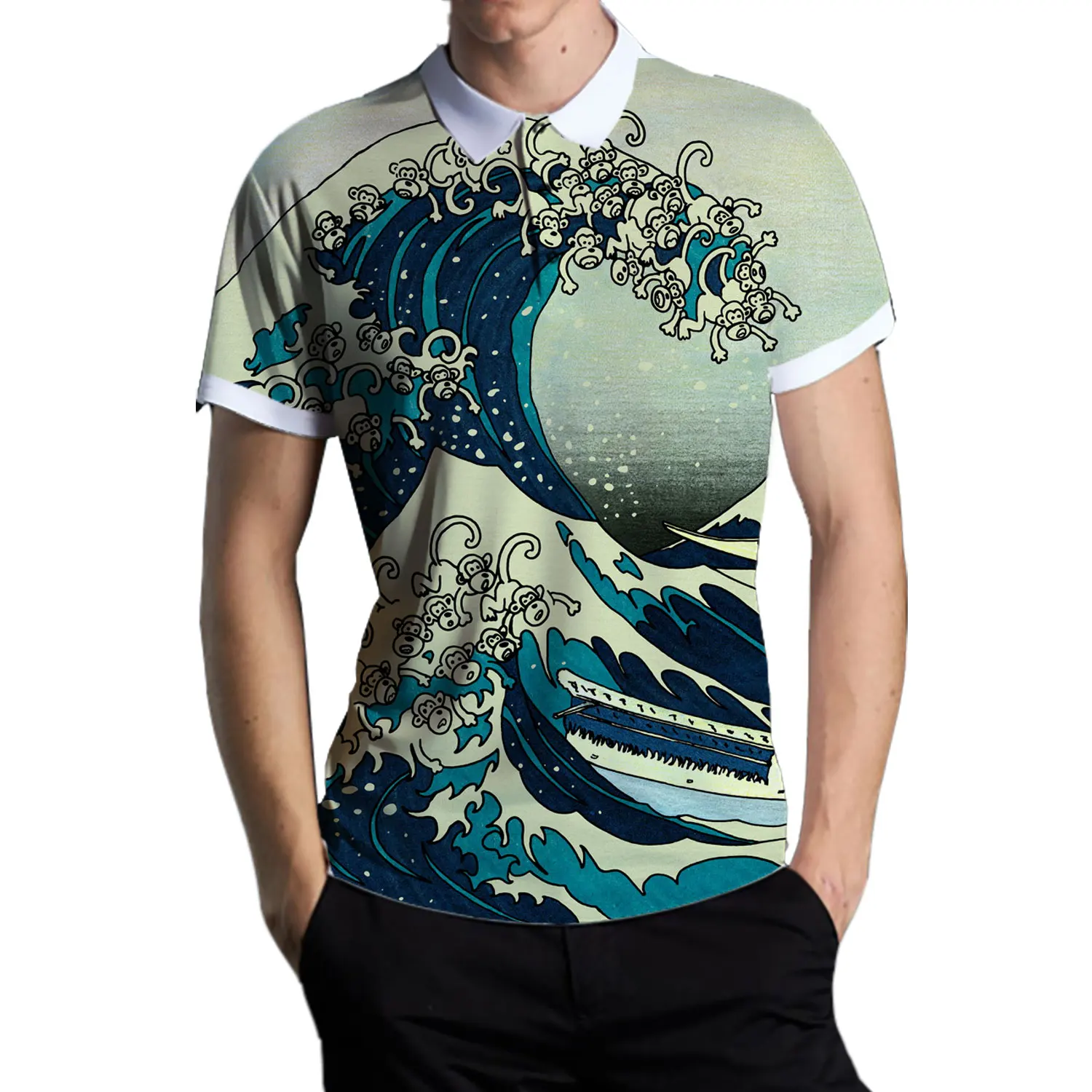 

SONSPEE 3D Oil Painting Kanagawa Surfing Business Casual Printing POLO Shirt Summer Men's Breathable Large Size Custom T-shirt F