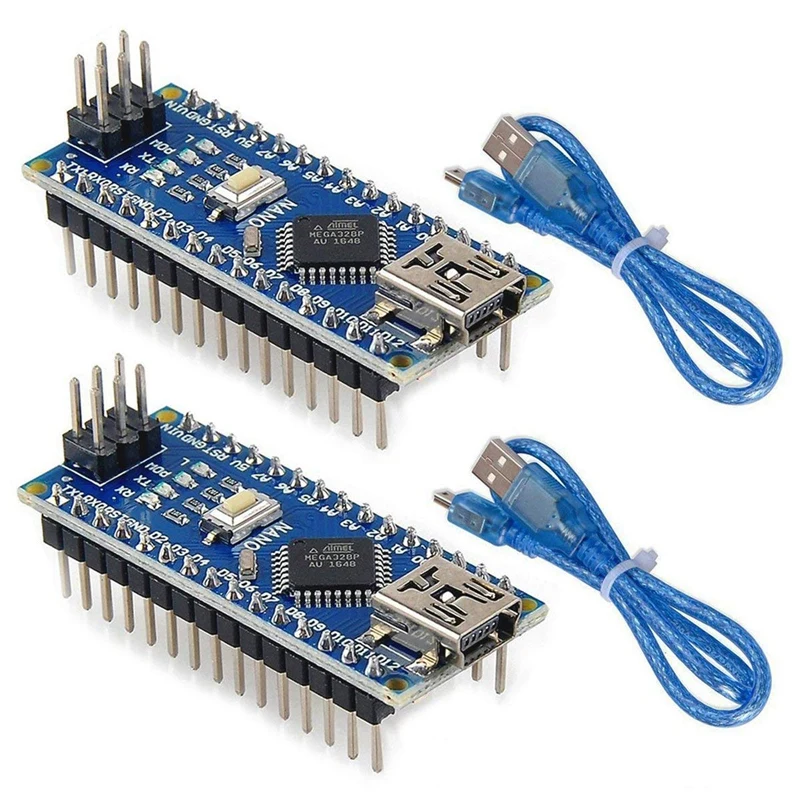 Плата микроконтроллера Mini Nano V3.0 ATmega328P с USB-кабелем для Arduino (2 платы + 2 кабеля) |