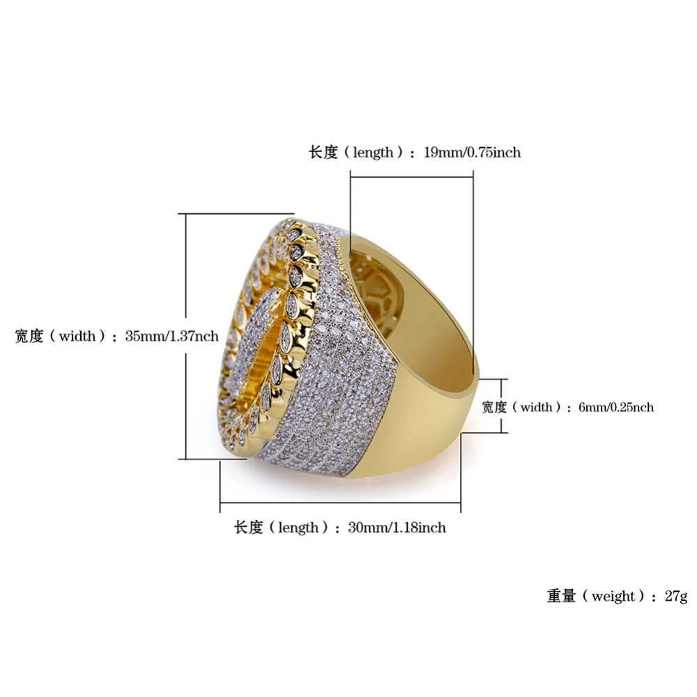 

1 New Fashion Iced Out Copper Gold Color Plated Micro Paved AAA CZ Stone Hand Round Ring Hip Hop Men Charm Jewelry Gifts Rock