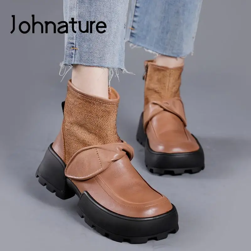 

Женские ботинки из натуральной кожи Johnature, ботинки ручной работы на платформе с круглым носком, на молнии, с прострочкой, обувь для отдыха, дл...