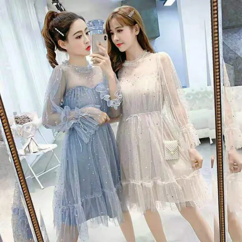 

2021 New Spring Long Sleeve Perspective Dress Women Lace Mesh Ruffles Knee-length Elastic Waist Sequin Dress Elegant Dress Y498