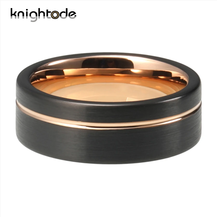 Двухцветное 8 мм черное кольцо из карбида вольфрама розовое золото офсетная
