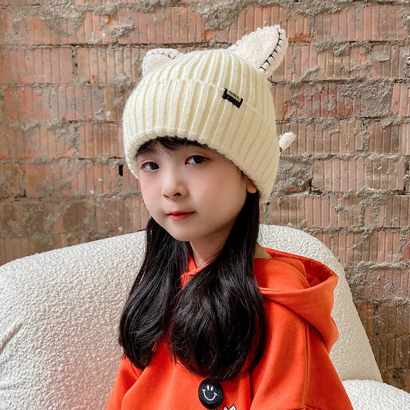 

Cute Cartoon Cat Ears Winter Children's Hats for Boys Girls Hat Solid Knitted Skullies for Kids 4-8 Years Winter Caps Outdoor