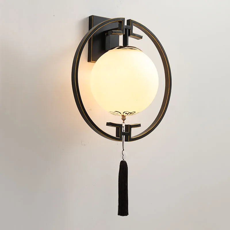 

Chinese Classical Wall Lamp Porch Villa Stairway Bedroom Hotel Guest Room Light Round Iron Glass Wall Lamp Sconce Bra