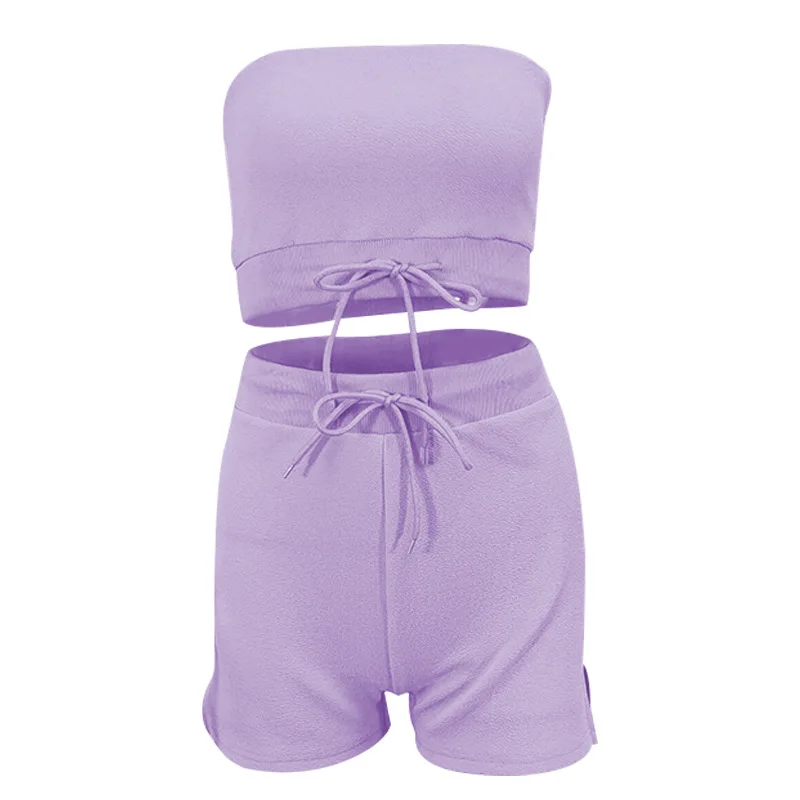 

Lady Casual Fashion Off Shoulder Tops-shorts Sets Drawstring Pants Set Two Piece Sets Street Style Strapless Outfits for Women