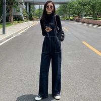 spring autumn denim jumpsuits women loose solid chic big pockets sleeveless all match student straight jumpsuit trousers outwear