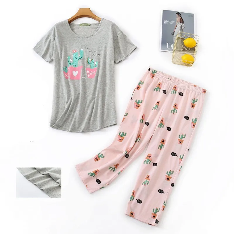 Women's Pajamas Pants Short Sleeve T-shirt 2 Piece/Set Sexy Hot Big Size Mom Home Top Women Cotton Sleepwear 2020  New Clothing