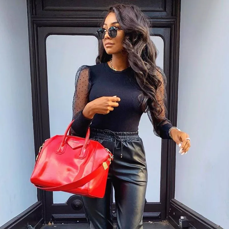 

2019 Autumn Women Puff Sleeve Lace Bodysuit Tops Long Sleeve Bodycon Rompers Womens Jumpsuit Skinny Basic Slim Sexy Bodysuits