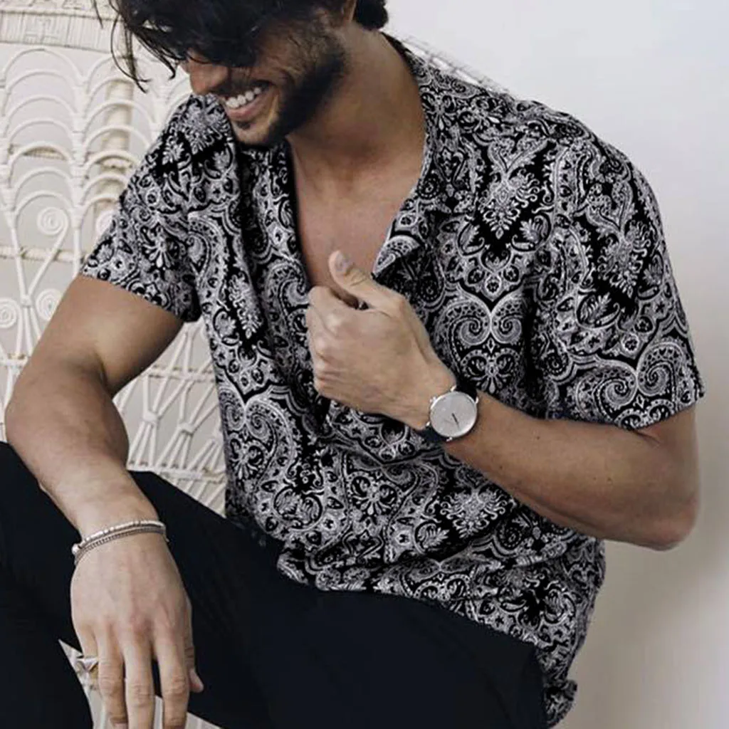 Мужская рубашка с коротким рукавом черная Свободная разноцветным принтом