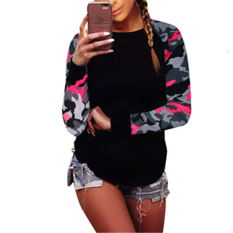 T-shirts For Women Autumn Long-sleeved Camouflage Print Patchwork Top T-shirt Female Casual Streetwear Black Cotton Shirt Slim | Женская