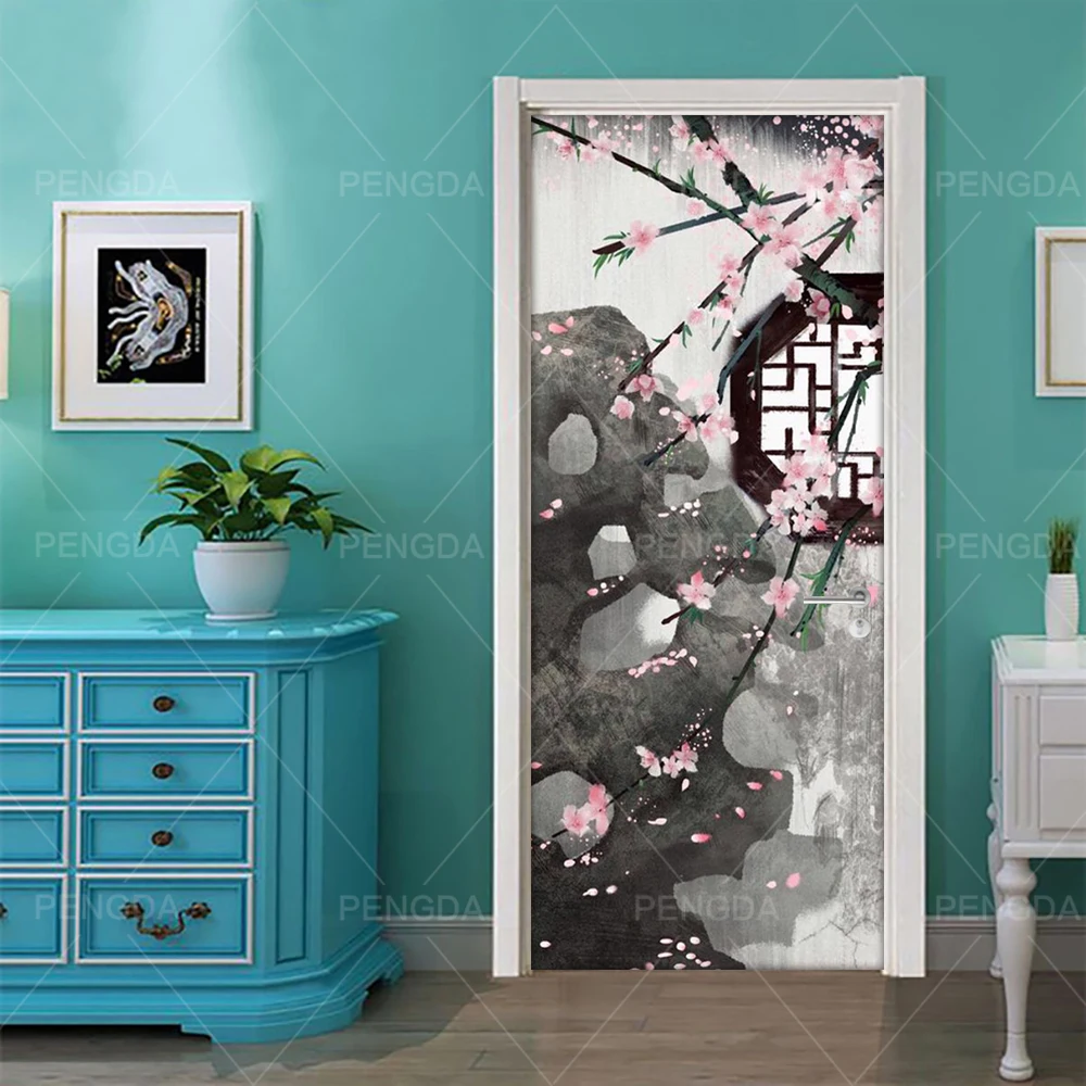 Печатная 3D дверь самоклеющаяся наклейка двора сливы цветок картина постер