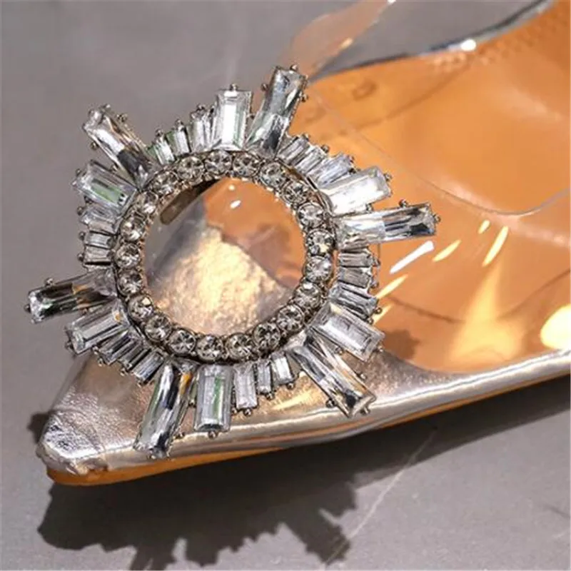 

Sexy 7/9cm PVC Transparent Women Sandals Crystal Pointy Toe High Heels Shoes Woman Perspex Spike Heel Back Strap Pumps Sandals