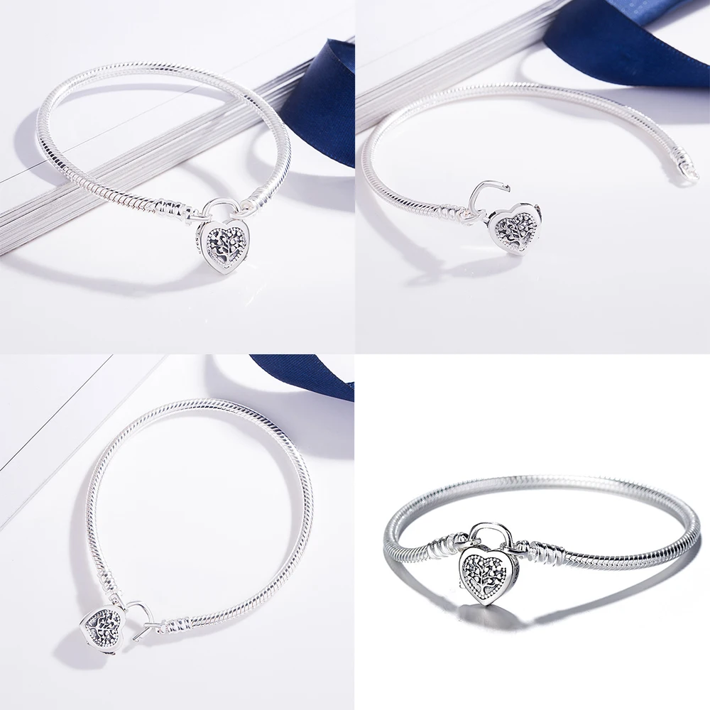 

925 Silver Heart Tree of Life Snake Chain Bracelets for Women Bangle Charm Bead 2021 Fashion New Jewellery Making Free shipping