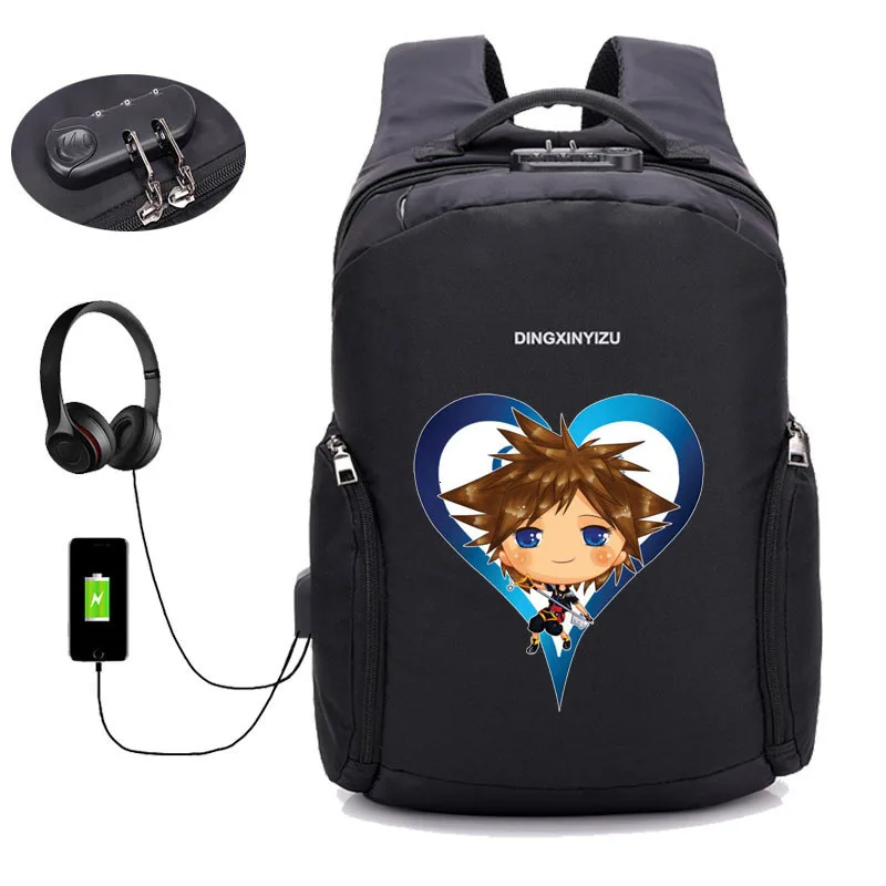 

anime Kingdom Hearts backpack Anti-theft Men Backpack teenager student bookbag USB School bag men women Rucksack Bag