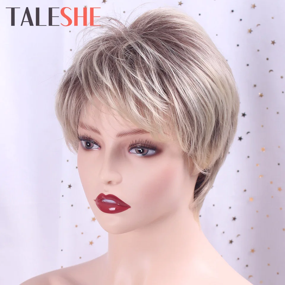 

Mix Brown And Blonde Pixie Cut Ombre Women's Wig Shaggy Layered Natural Short Straight Synthetic Hair Female Haircut TALESHE