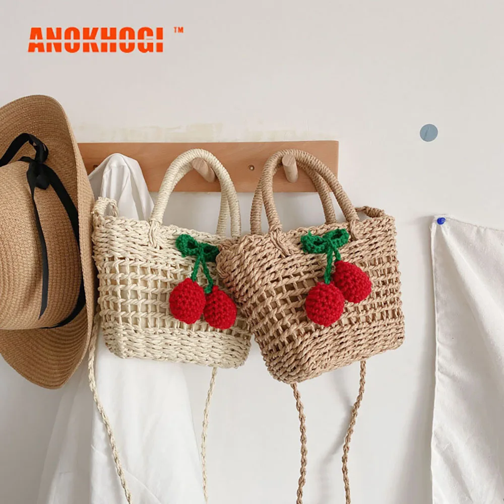 

2020 Women Fashion Summer Bag Vintage Casual Straw Cherry Shoulder Bag Retro Weave Handbag MB734