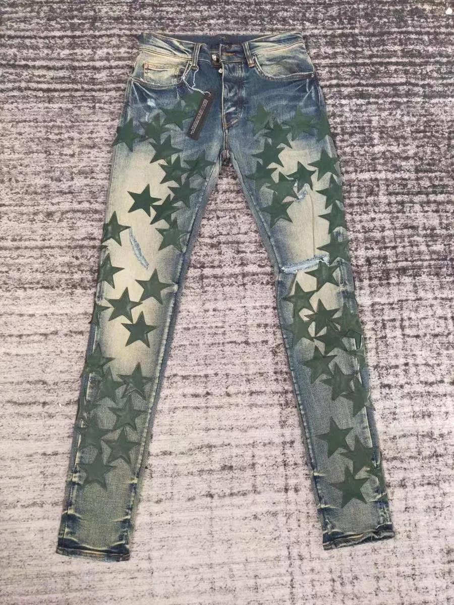 Discounted men green star patches distressed indigo jeans HM361