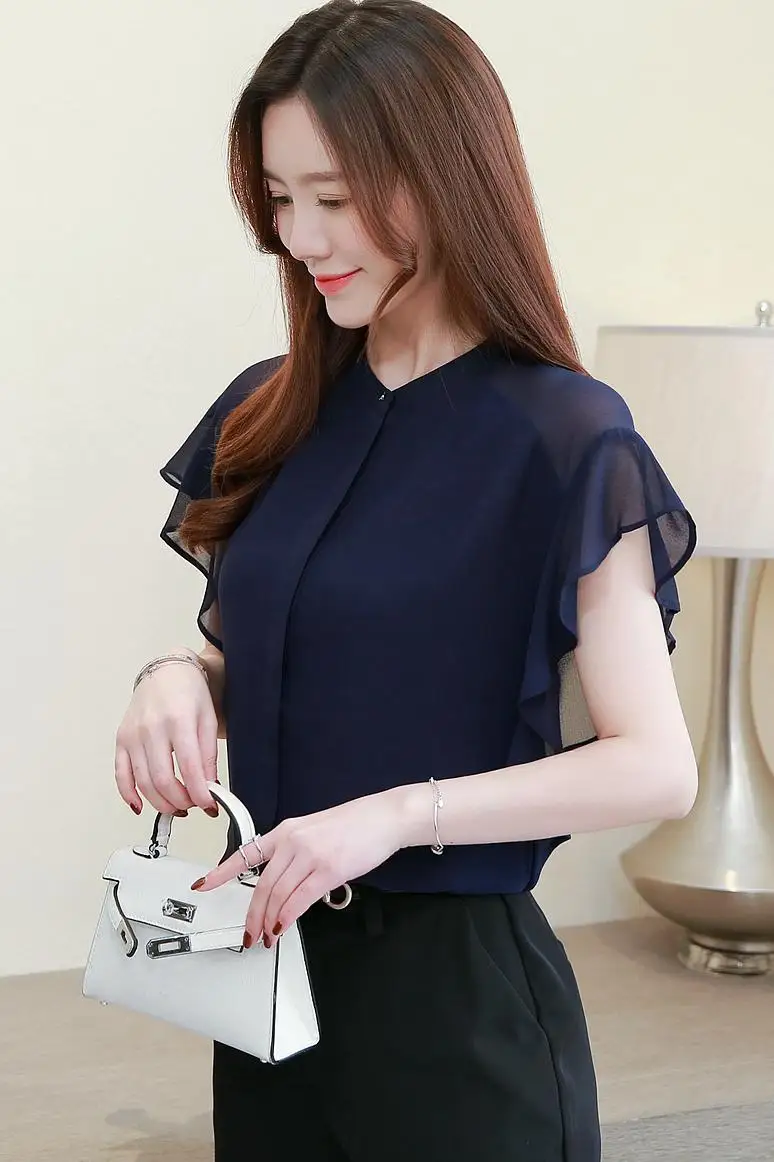 

COIGARSAM Casual Ruffles Shirt Womens tops Summer Short Sleeve Chiffon O-Neck Women shirts White Navy 8664