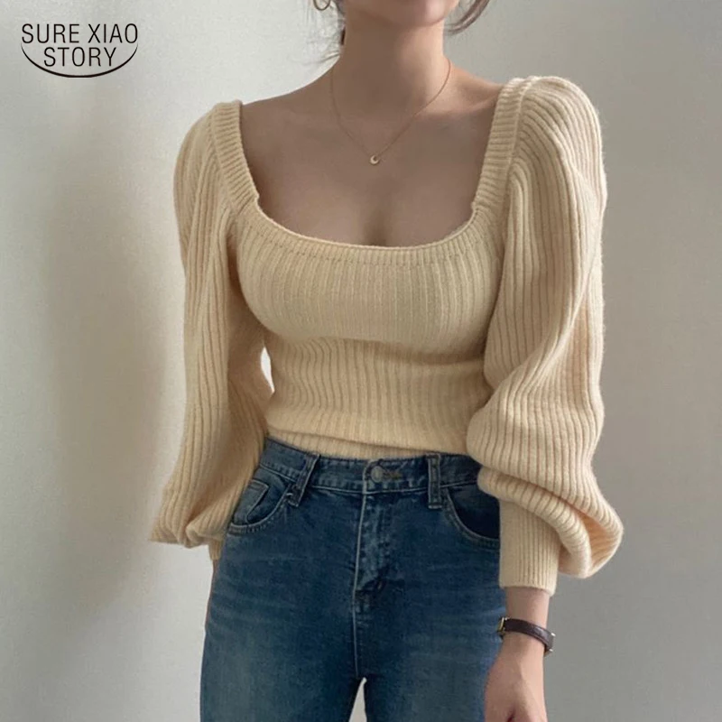 

2022 Solid Knitted Warm Top Long-sleeved Loose Sweater Women Retro Temperament Square Neck Puff Sleeve Women's Sweater 16141