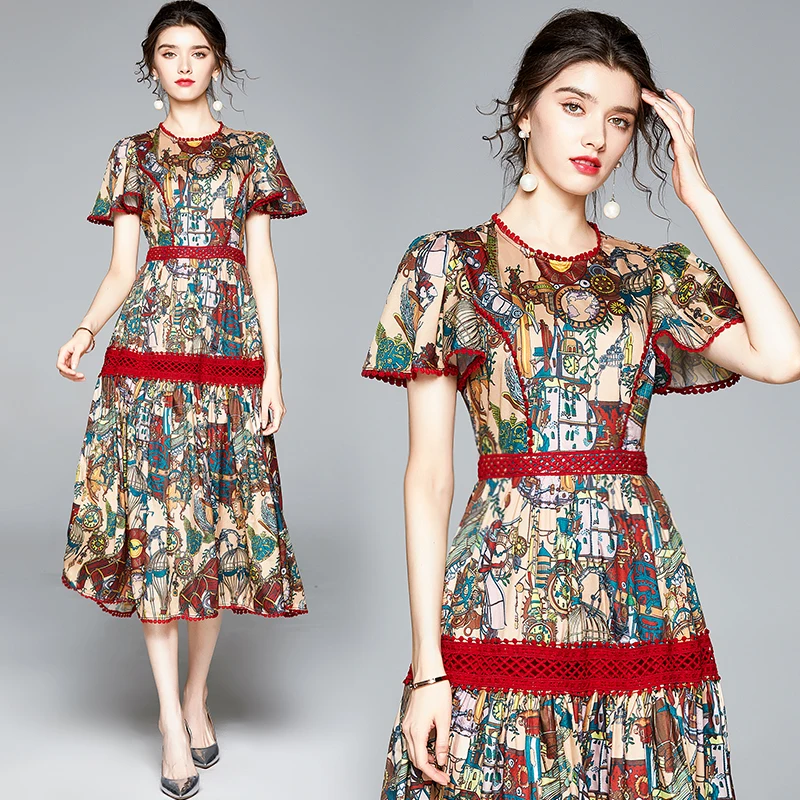 

Summer Women's New Puff Sleeve Ladies Slim-Fit Print Short-Sleeve Dress