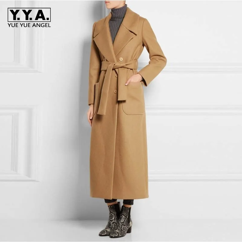 

High Quality Ladies Wool Coats New Fashion Solid Slim Fit Long Overcoat Casual Sashes Double Breasted Pocket Outwear Female