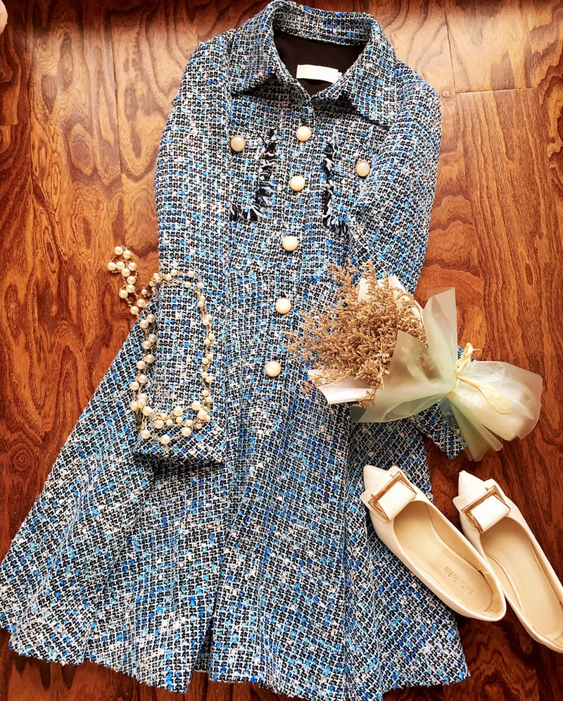 Женское однобортное платье-Блейзер элегантное голубое твидовое винтажное