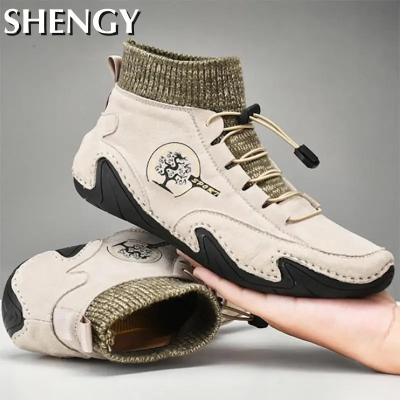 Мужские Водонепроницаемые кожаные ботинки серые очень теплые зимние с мехом